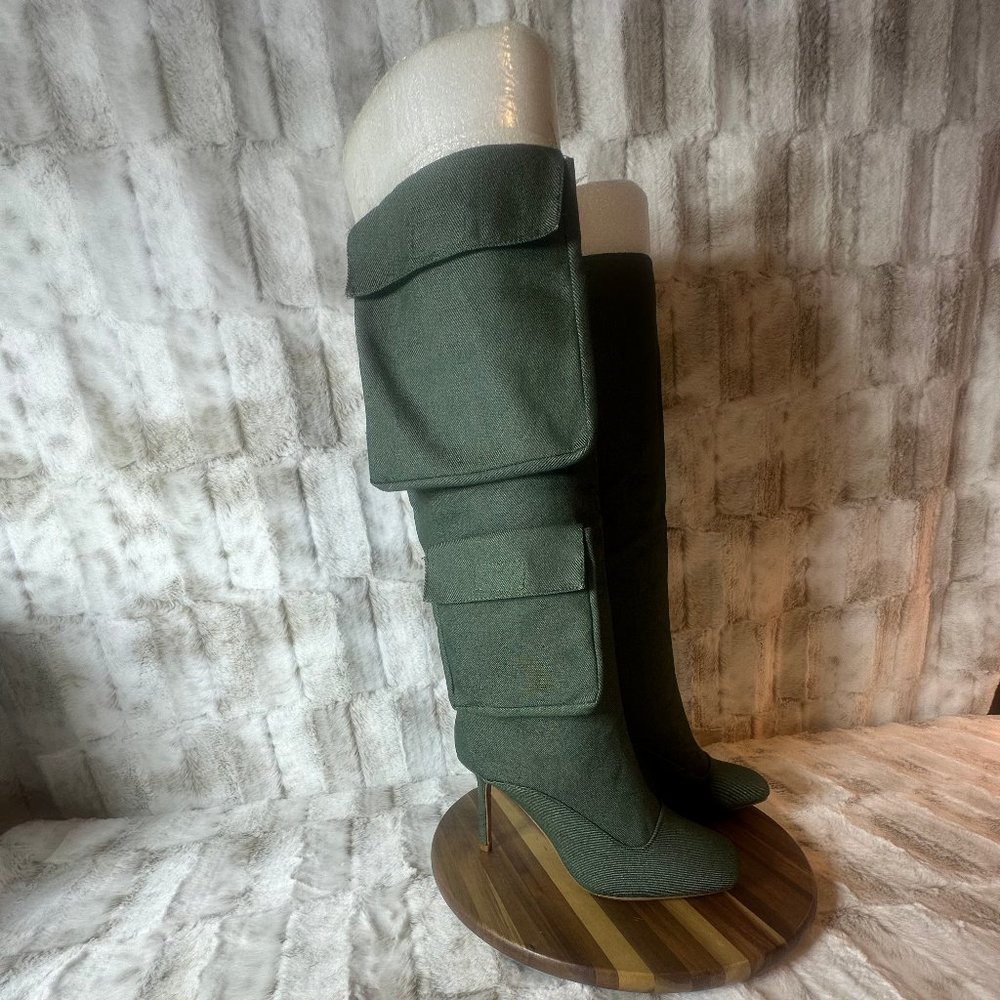 Unique Green Denim Heel Boots With 2 Pockets With Velcro Closures